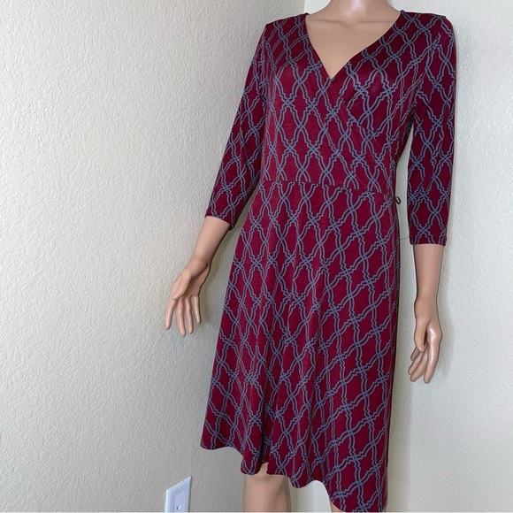 Stitch Fix 41 Hawthorne Geometric Wrap Dress Burgundy Gray fit flare 3/4 sleeve - Picture 3 of 12